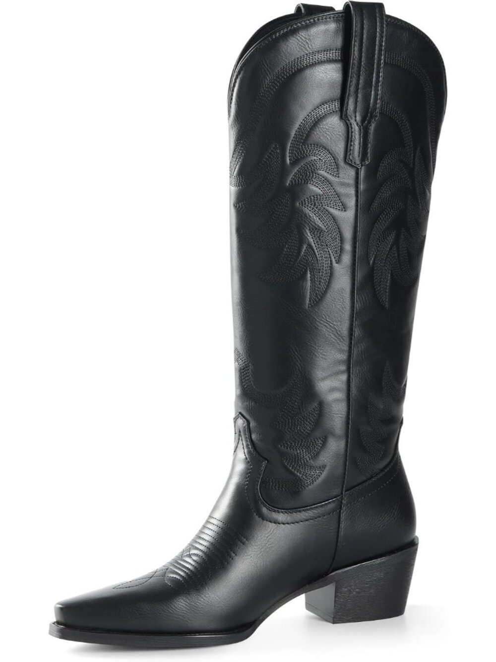 Women's Midnight Black Embroidered Knee High Block Heel Pointed Toe Cowgirl Boot